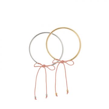 Armreif Gold 585 vergoldet oder rhodniert. Gelb Gold vergoldeter oder Silber rhodinierter Armreif mit Schleife aus Baumwollgarn in der Farbe rosa. Der Armreif ist in der Größe verstellbar, kleinster Durchmesser 6,5 cm. In vielen weiteren Farben online erhältlich.